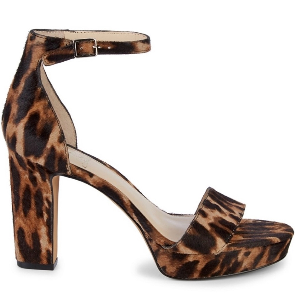 NEW in box Vince Camuto leather calf hair leopard platform open toe chunky heels